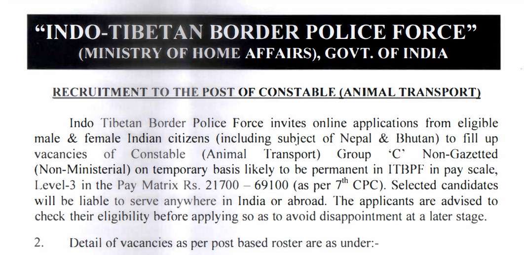 ITBP Constable Animal Transport Vacancy 2022 - Online Sarkari Job